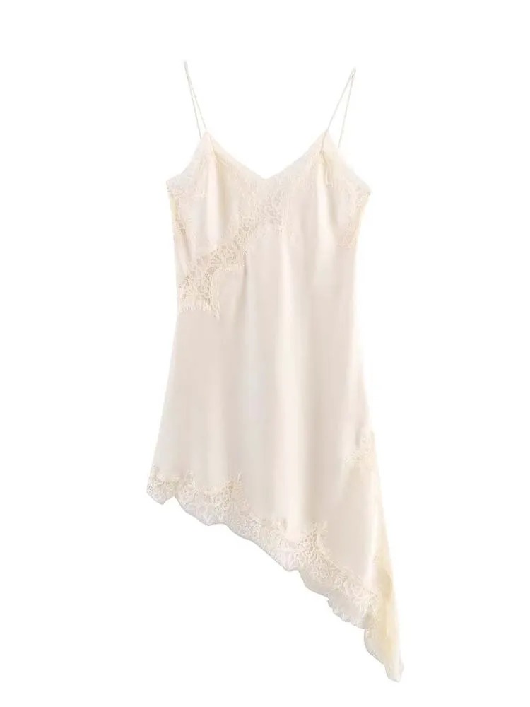 Women Fashion Sexy V-Neck Lace Elegant Halter Dress Asymmetric Hem Dress 2025 Summer New Fashion Holiday Party Beach Dresses