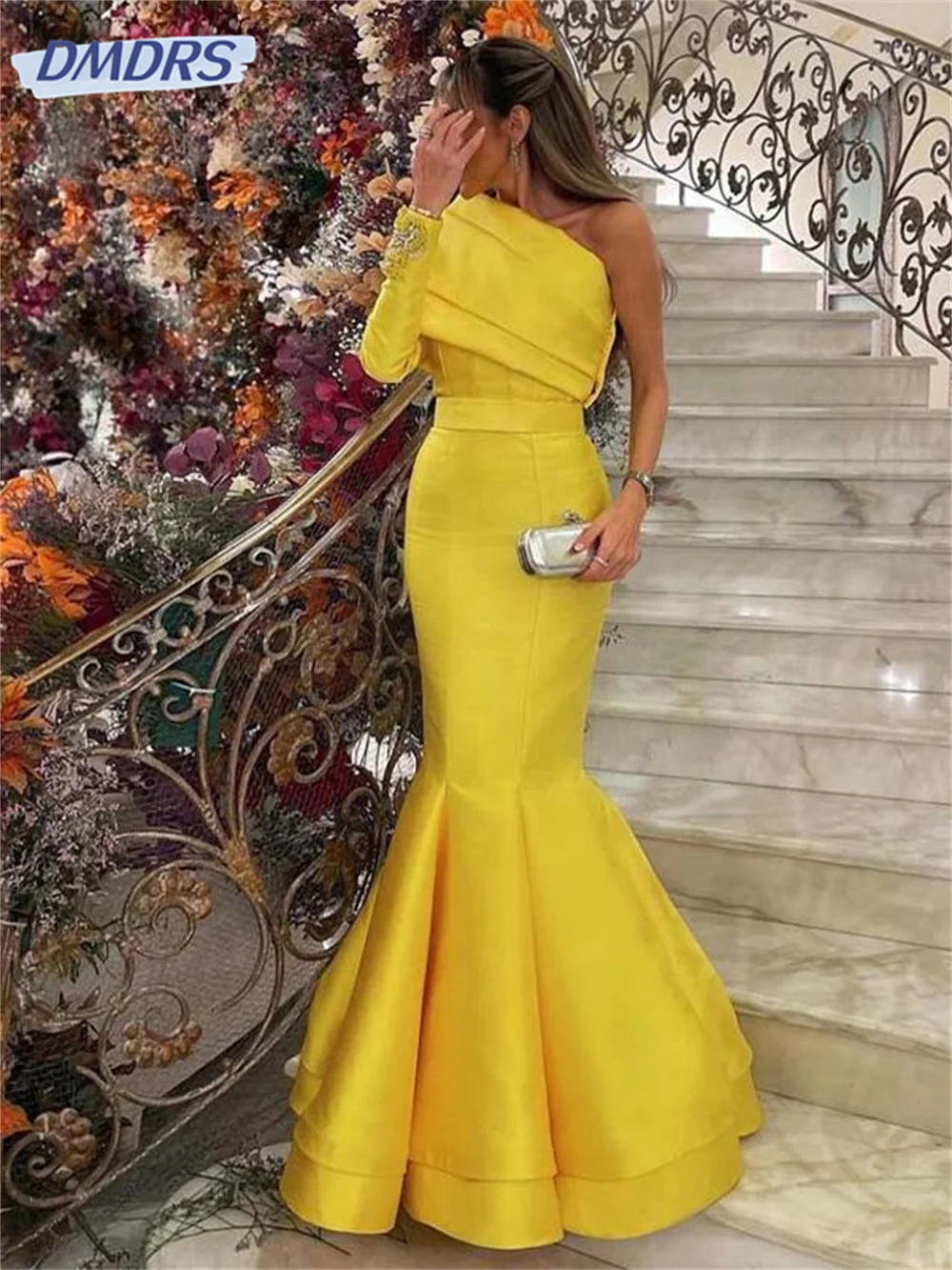 Vestido de noche amarillo de un hombro con cuentas, manga larga, satén, sirena, Dubai, Formal, largo hasta el suelo, Arabia Saudita