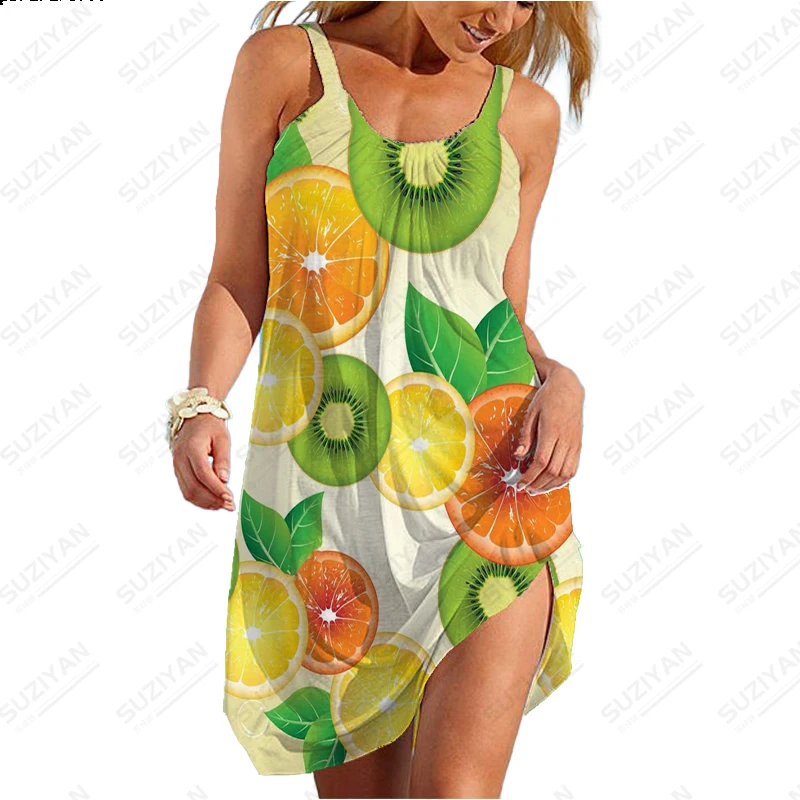 2023 Fashion New Summer Hawaiian Style Women's Lemon Fruit 3D Printed Beach Skirt with U Neck Sleeveless Women's A-line Skirt stylish pencil holder transparent and fluent line for office desk stationery storage pen holder lemon yellow