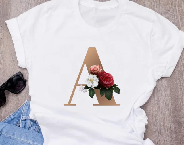 

Custom Name Letter Combination Fashion Women T-shirt Flower Letter Font A B C D E F G Short Sleeve Tops white T-shirt Clothing