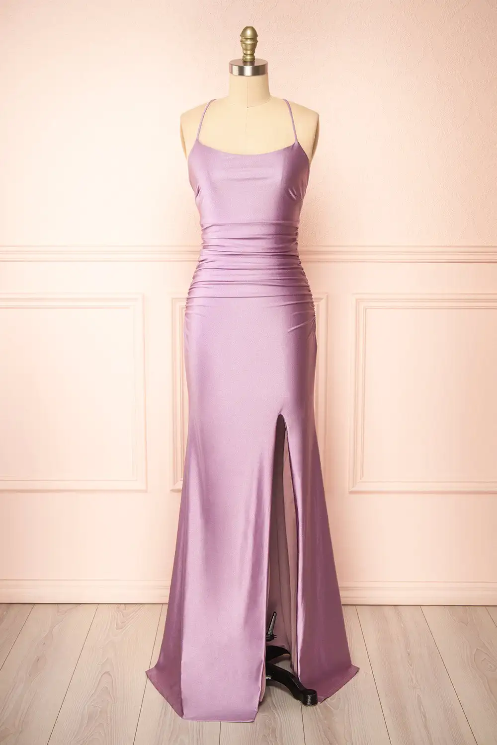 

Lilac Satin Bodycon Long Evening Dresses Elegant Spaghetti Straps Backless Lace Up High Split Party Gowns Women's Dancing Dress