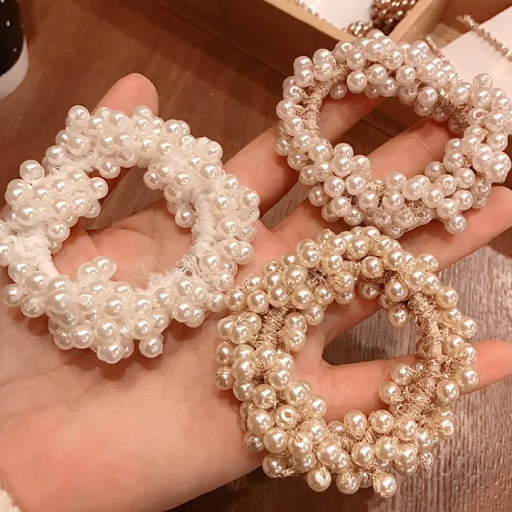 

Stretchy Bands Bead Ropes Hair Accessories for Women Pearl Hair Ties Champagne Elastic butterfly scrunchies hair accessories 3P