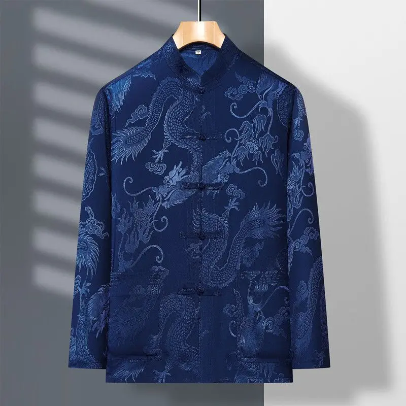 Spring New Middle Aged Elderly Tang Suit Men's Long Sleeved Satin Dragon Kung Fu Chinese Plus Size Shirt Training Clothing tai chi clothing