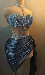 Mesh Short Dress For Women Crystals Stunning Stage Wear Dancer Singer Las Vegas Showgirl Drag Queen Outfit Night Clubbing Prop
