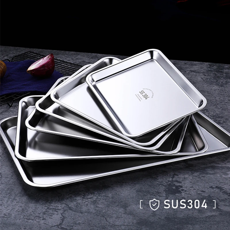 304 Thicked Stainless Steel Food Storage Tray Rectangle Oven Cake Bread Plate Flat Bottom Dishes Kitchen Tools 3