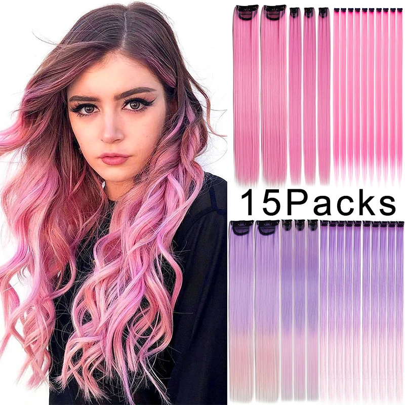 15Packs Colored Clips In Hair Extension Rainbow Synthetic Straight Hair Pieces 13Packs Fake Hair Extensionsion for Kids Girls