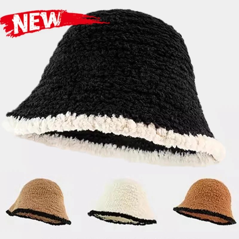 

Winter Thick Lamb Fleece Dome Panama Basin Cap For Woman Girls Warm Fisherman Hat Solid Color Windproof Fluffy Fur Bucket Hats