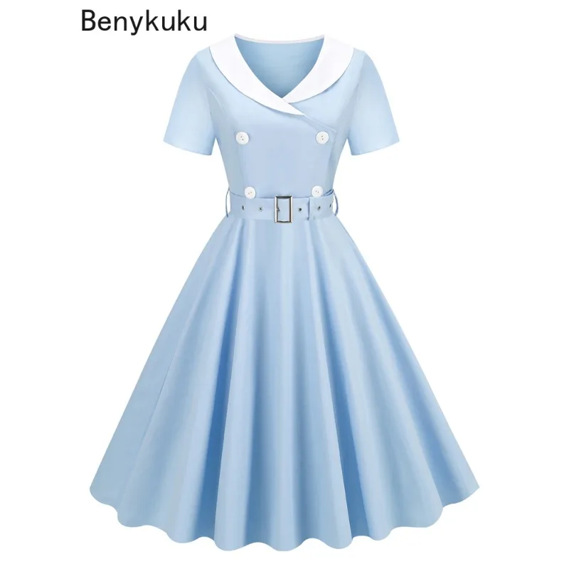 

Shawl Collar Double-Breasted 1950s Women Hepburn Vintage Dress Elegant Short Sleeve Sash Cotton Long Dresses 2024 Woman Clothes