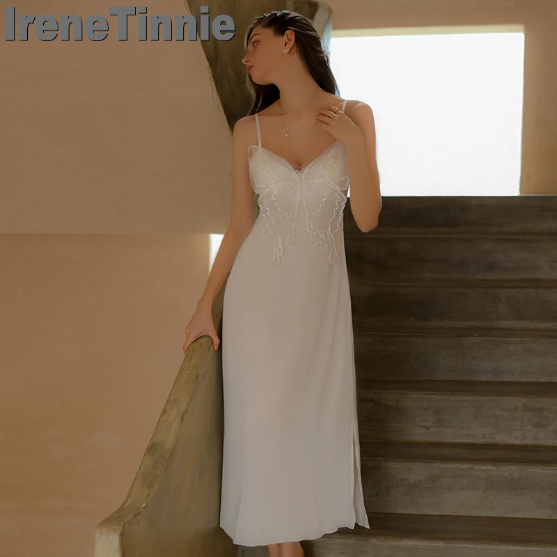 

IRENE TINNIE Solid Color Soft Satin Nightwear Sexy Big Bow Suspenders Pajamas Transparent Multicolour Porno Lace Gauze Sleepwear