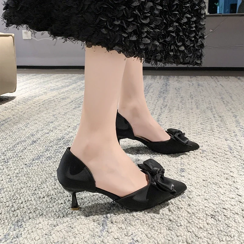 Elegant Silk Bow Thin Heel Pumps Shoes for Women 2023 Two-Piece Green Party Shoes Woman Summer Slip-On Med Heels Pumps Shoes