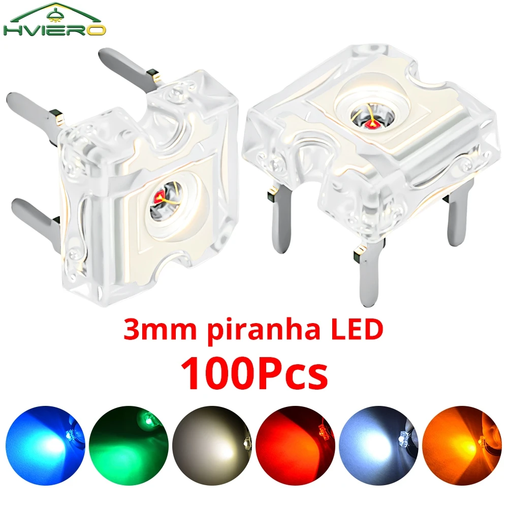 100Pcs 3mm 흰색 빨간색 녹색 파란색 노란색 피라냐 플럭스 다이오드 LED 돔 조명 구슬 광각 슈퍼 밝은 Led 4 핀 다..