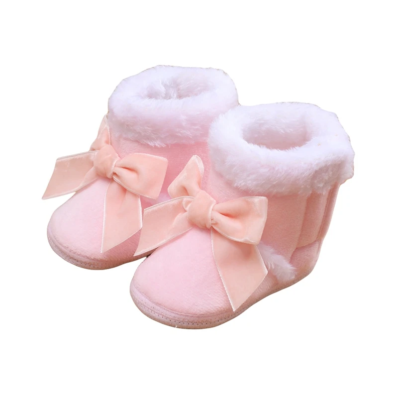 

Baby Girl Shoes Infants Anti-Slip Home Patch Color Big Bow Plush Warm Casual Party Winter Boots
