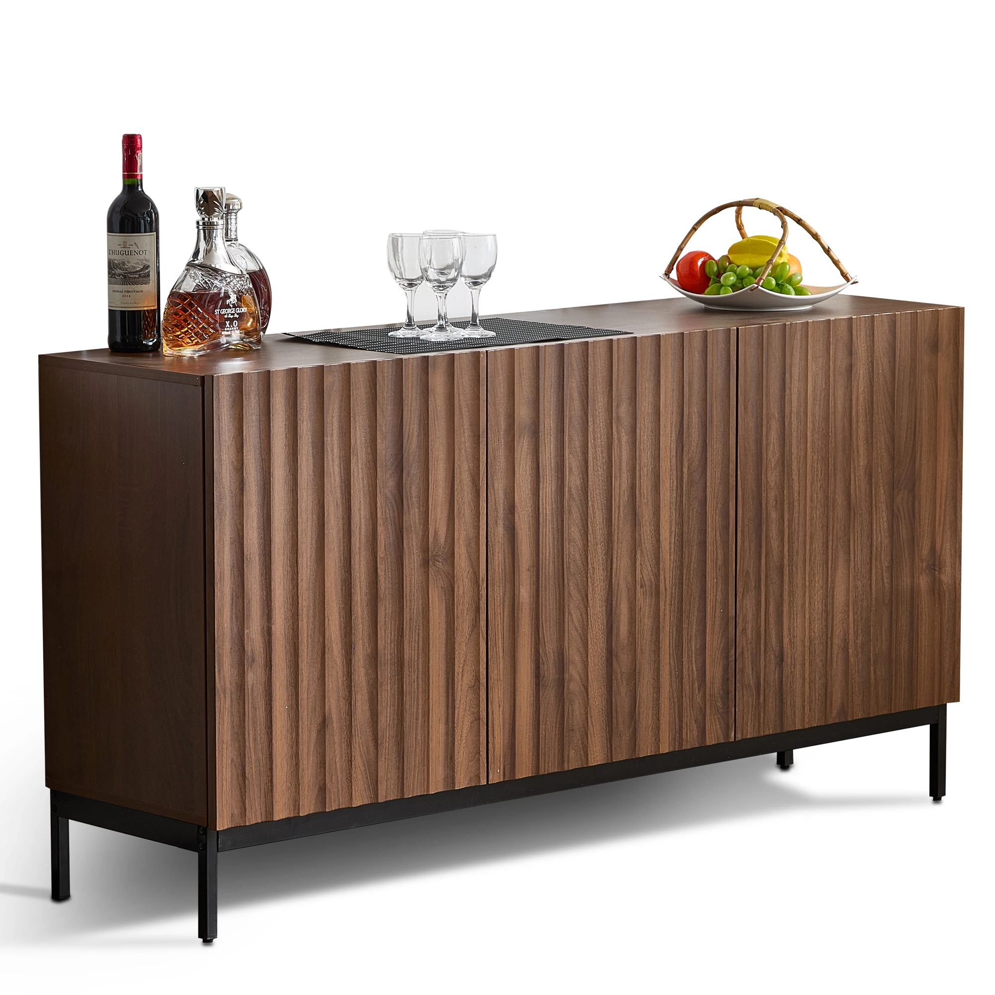 150 x 40 x 80 cm großes Sideboard aus dunkler Eiche, dekorativer Schrank im Mid-Century-Stil, 3 Türen, welliges 3D-Design, verstellbare Regale – Detail 12