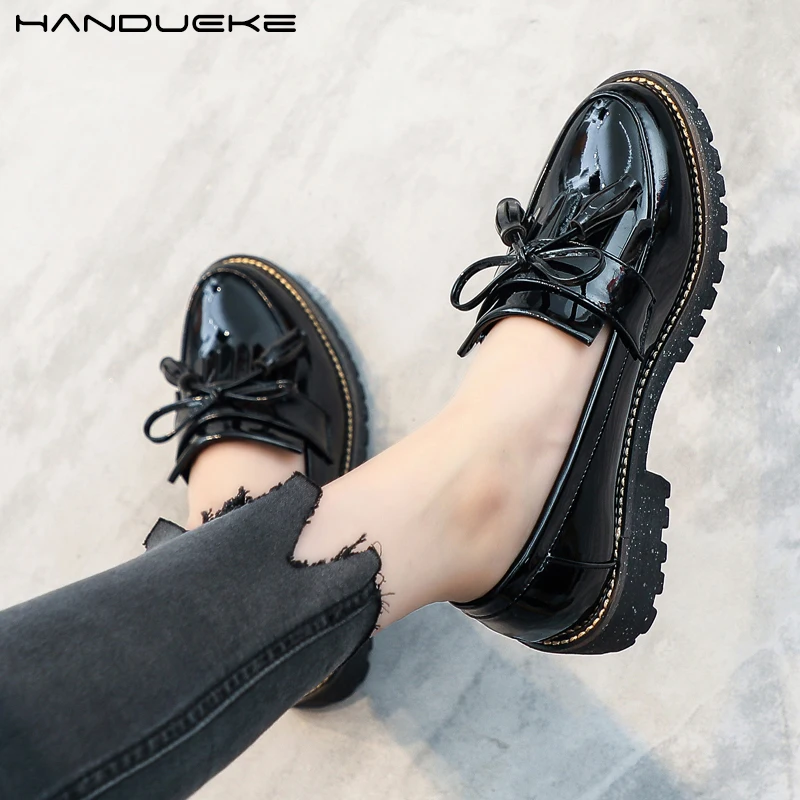 Plus Size 41 42 43 Oxford Shoes for Women Patent Leather Shoes Woman Bowknot Slip on Women Flats Tassels Ladies Leather