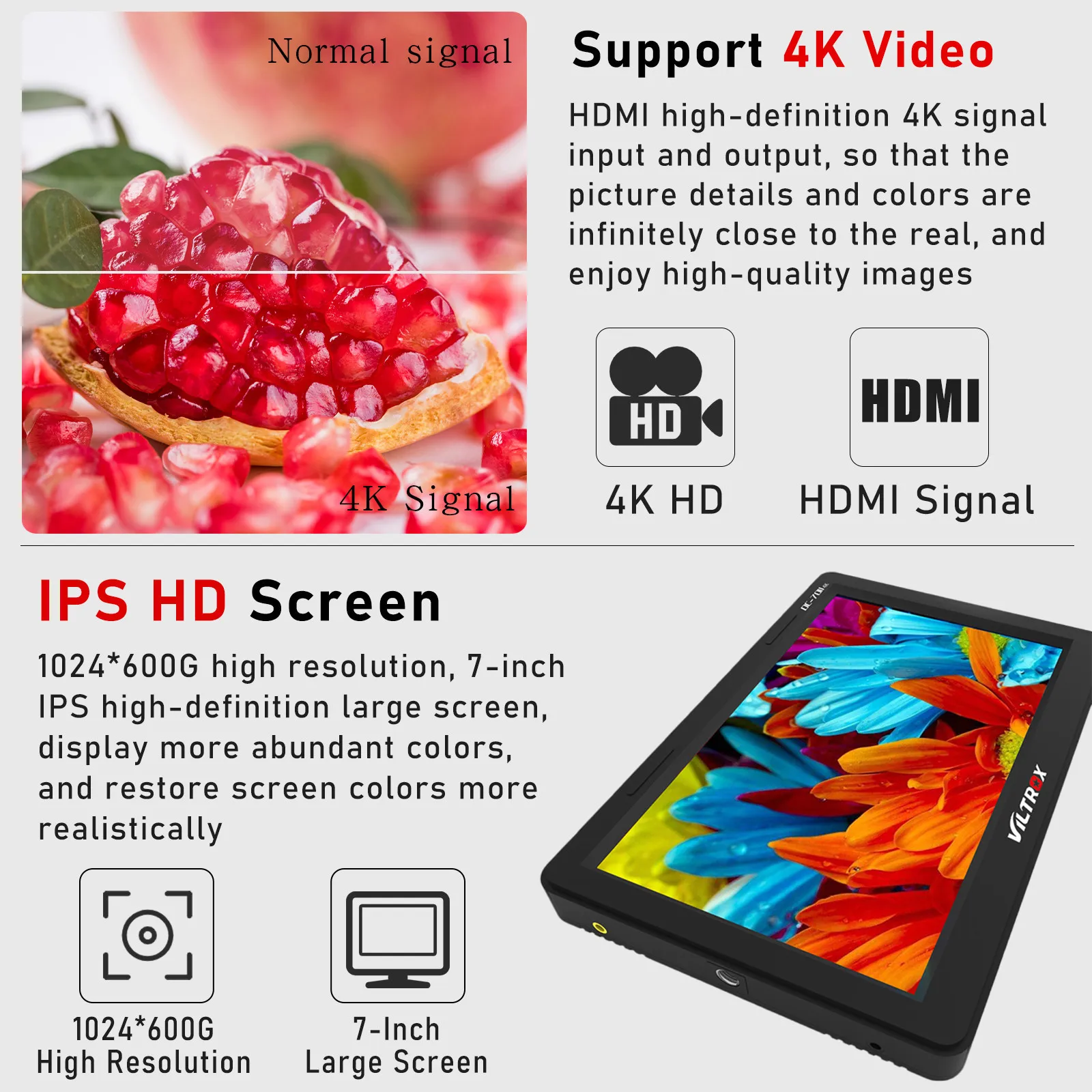 Viltrox DC-70 II 7 inch HD Camera Video Monitor 4K Monitor on Camera DSLR Field Display Screen 1024*600 IPS for
