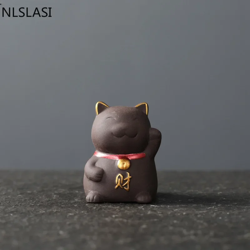 NLSLAISI 1 PCS Yixing Purple Clay Small Tea Pet Lucky Cat Figurine Ornament Boutique Tea Accessories Crafts Home Decoration tea pet ornaments
