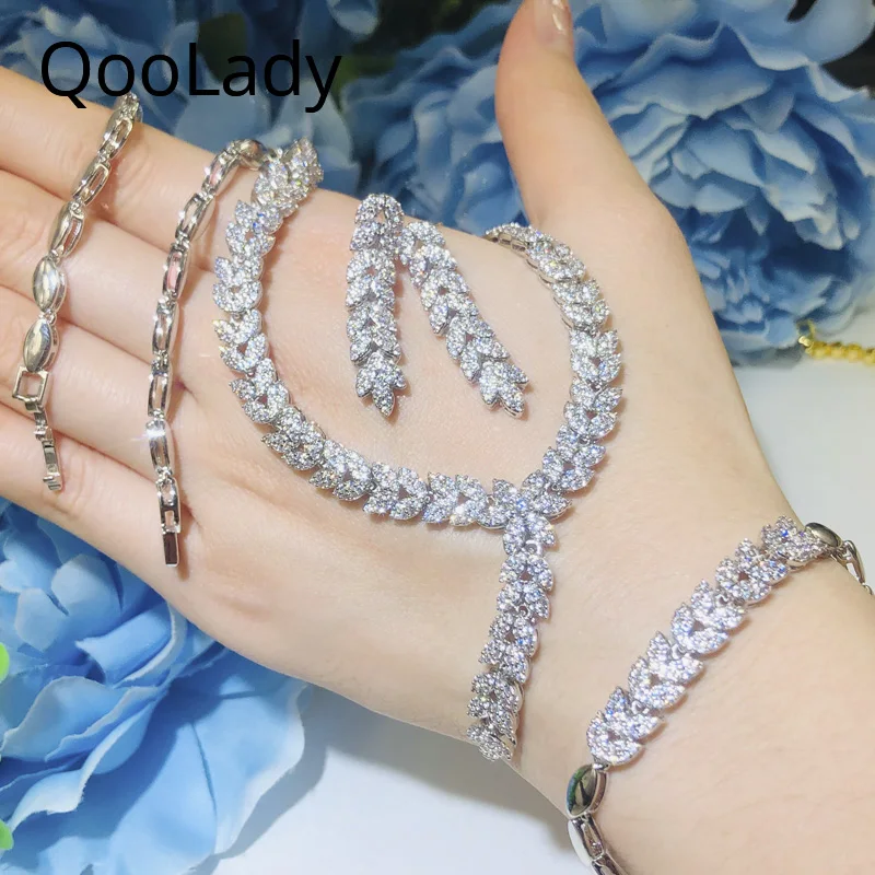 

QooLady Gorgeous Silver Color Flower Leaf Micro Pave Cubic Zirconia Necklace Earring Bracelet Women Party Dress Jewelry Set Z060