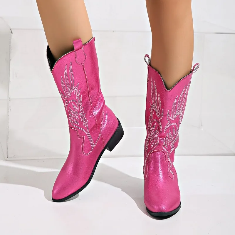 2023 Winter Shoes for Female Slip-on Women's Mid-Calf Boots Square Heel Casual Women's Shoes Low Heel Embroider Ladies Boots