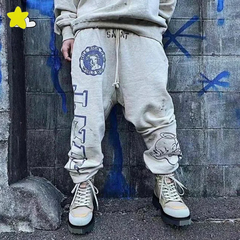 

Blue Big Logo Printing Vintage Washed Heather Grey Saint Michael Sweatpants Men Women Jogger Drawstring Graffiti Casual Pants