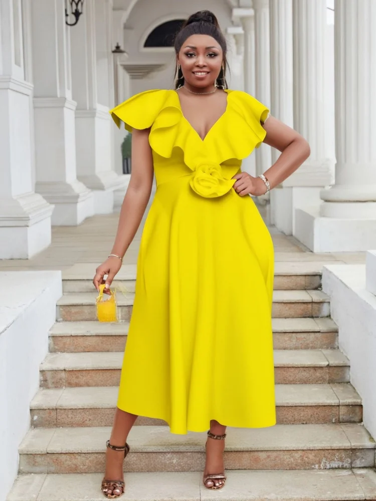 Wmstar Women's Dresses Wholesale V Neck Ruffles Flower Evening Elegant Party Birthday Dress Fashion Women Clothing Dropshopping