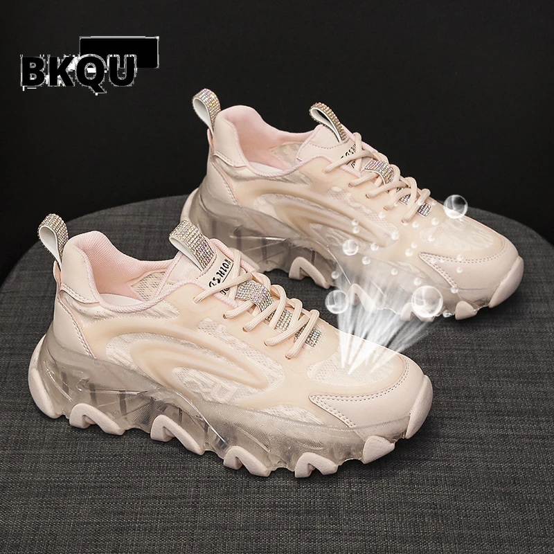 

BKQU Women's Fashion 2023 Summer New Transparent Thick Sole Increased Breathable Mesh Comfortable Casual Sports Shoes