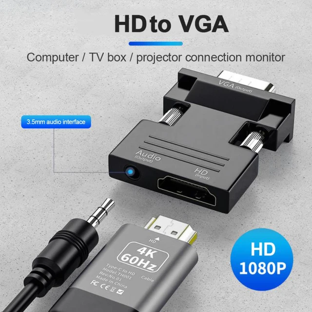 Adaptateur HDMI vers VGA avec port audio auxiliaire 3,5 mm (convertisseur  HDMI vers VGA) en noir 