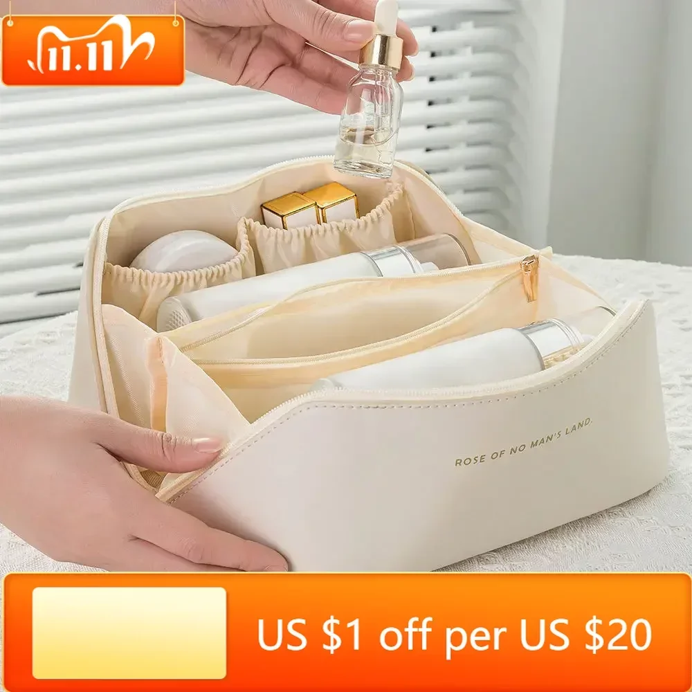 

Large Travel Cosmetic Bag for Women Leather Makeup Organizer Female Toiletry Kit Bags Make Up Case Storage Pouch Luxury Lady Box