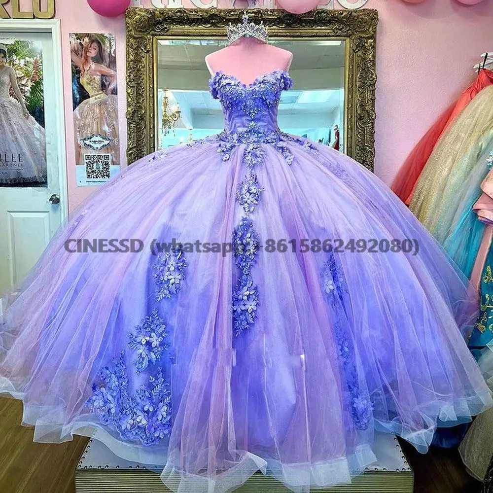 Lilac Crystal Pearls 3d Flowers Quinceanera Dress Princess Ball Gown
