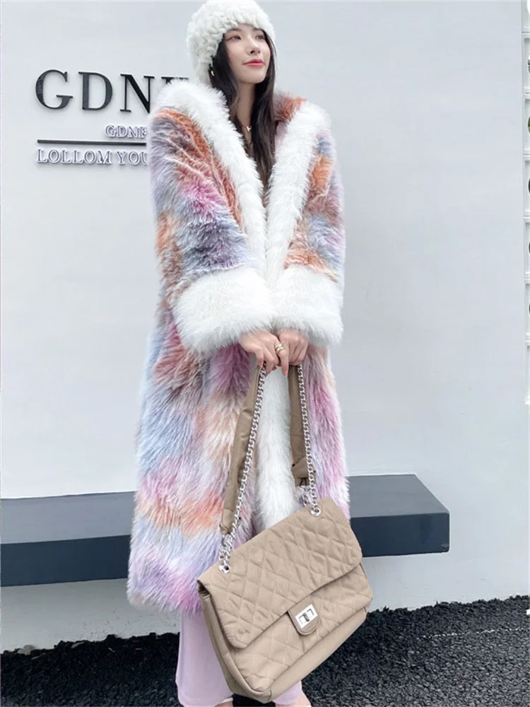 

Faux Fur Coat Women 2023 Winter New Fashion Long Loose Thick Warmth Hooded Coat