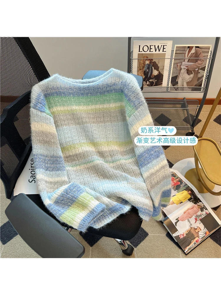 

Women's Striped Pullover Knitted Sweater O-Neck Knit Sweater Korean Jumper Y2k 90s Aesthetic Vintage 2000s Clothes 2023 Autumn