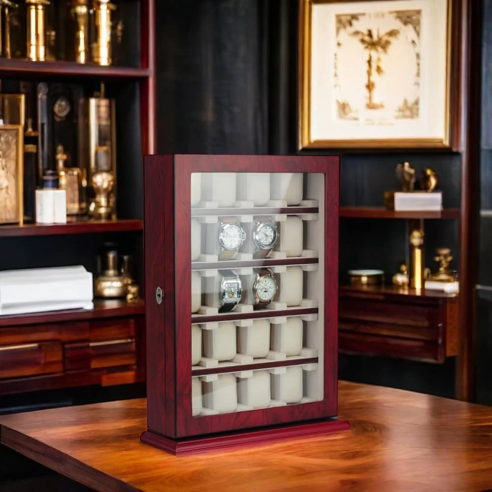 20 Piece Cherry Wood Watch Display Wall Hanging Case and Storage Organizer Box and Stand for Oversized Watches