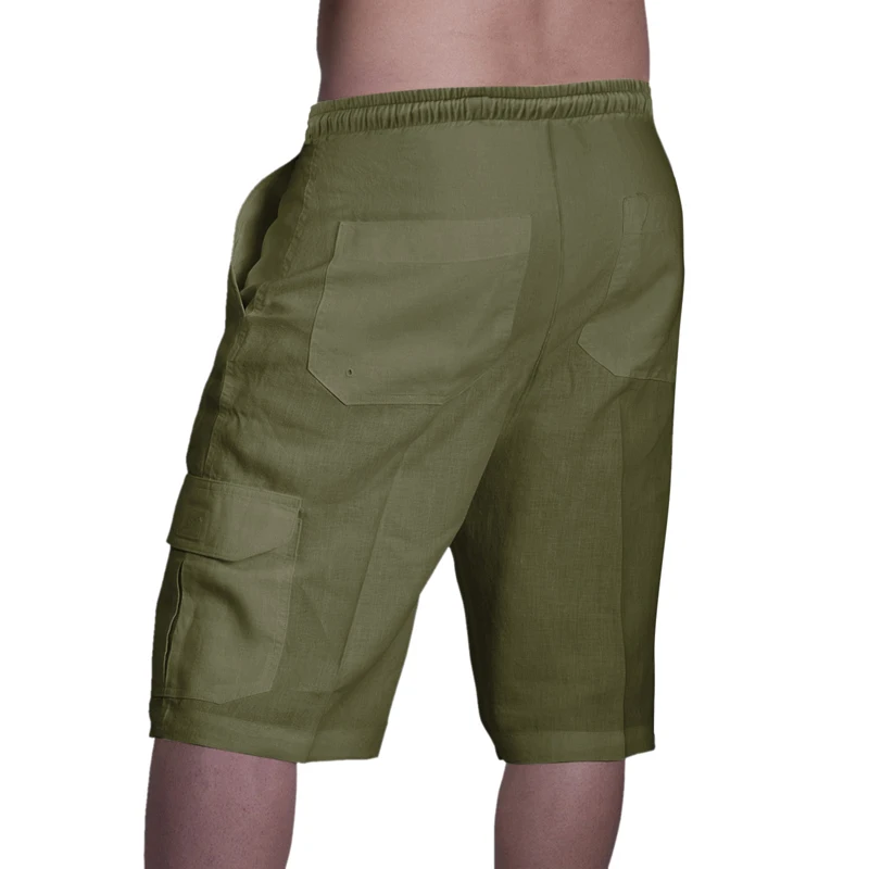Men Cotton Linen Shorts Pants Summer Breathable Solid Color Beach Cargo Pants Loose Multi Pocket Drawstring Trousers Streetwear