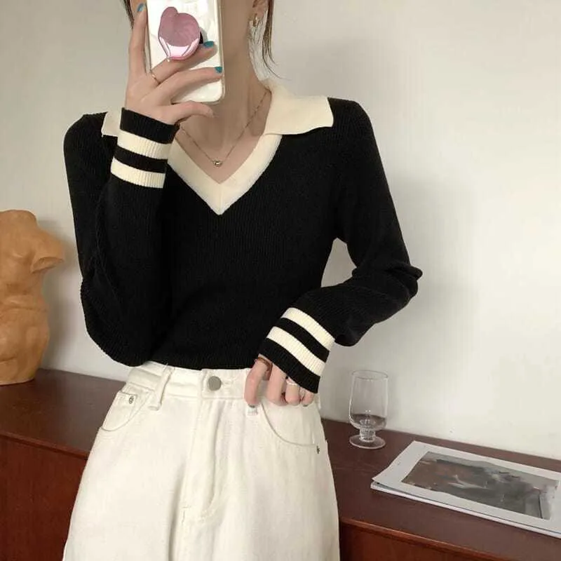 

2023 Sweet Turn Down Collar Knitted Pullovers Women Spring Patchwork Bottoming Sweater Solid Slim Fit Preppy Tops Mujer