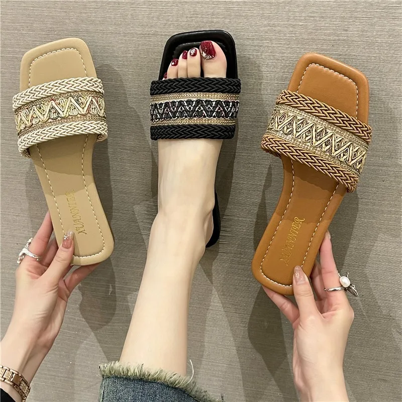 

Women Retro Weave Soft Sole Slippers 2023 Summer Bohemian Style Low Heeled Sandals Woman Beach Shoes Flip Flops Plus Size 35-43