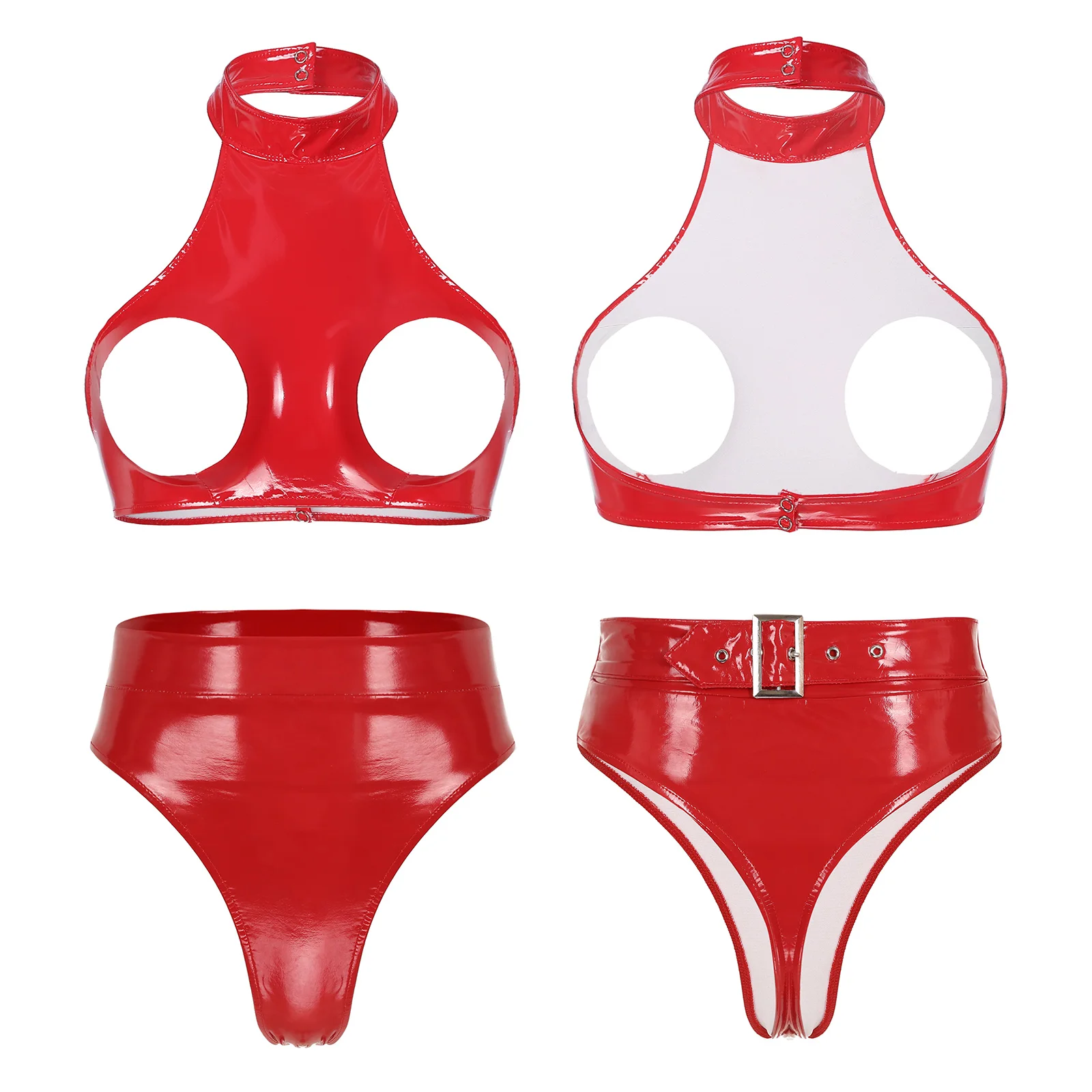 thumbnail image 1 of Conjunto de lencería Sexy para mujer, ropa interior sin entrepierna, cuello Halter, espalda descubierta, busto abierto, Tops cortos con Tanga de cintura alta, 1 of 5