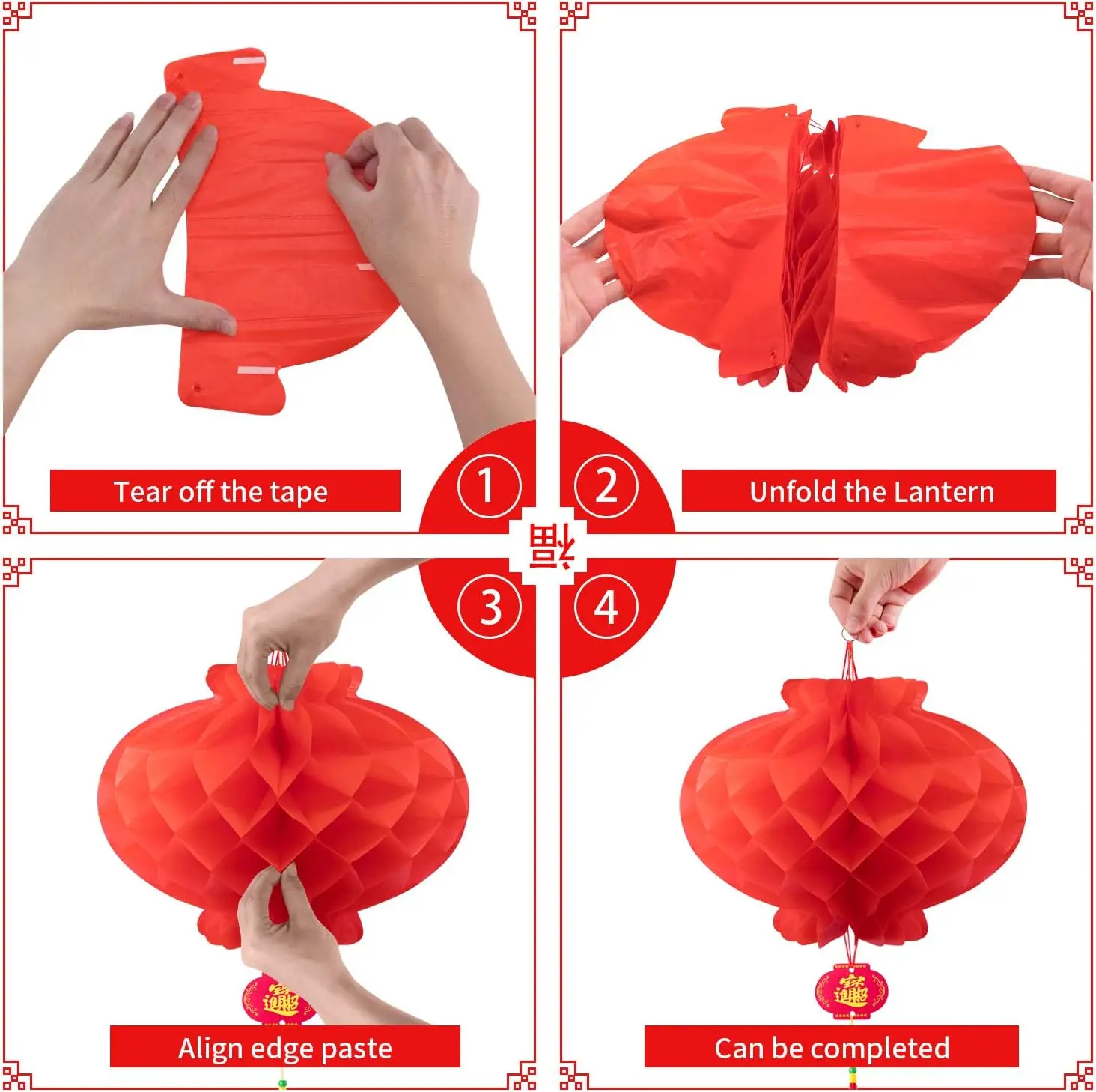 Papieren lantaarns, hangende decoraties, Chinese Lantaarns Waterdichte Zegen 10 Inch Traditionele Chinese Stijl Doek Hanglamp Chinese Kwastje Lantaarns Festival Decor Rood Papier L (Color : Aone Colo