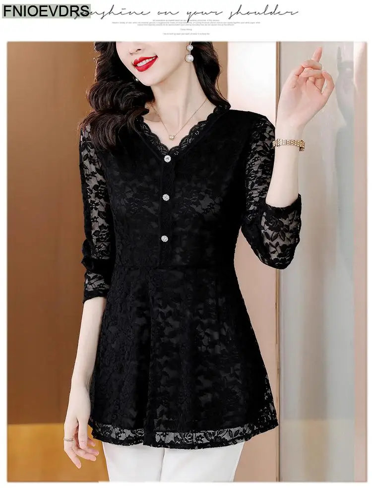 M-4XL 2023 Women Hot Sales Elegant Office Lady Work Button Black Lace Shirt Casual Belly A Line Tunic Peplum Tops And Blouses