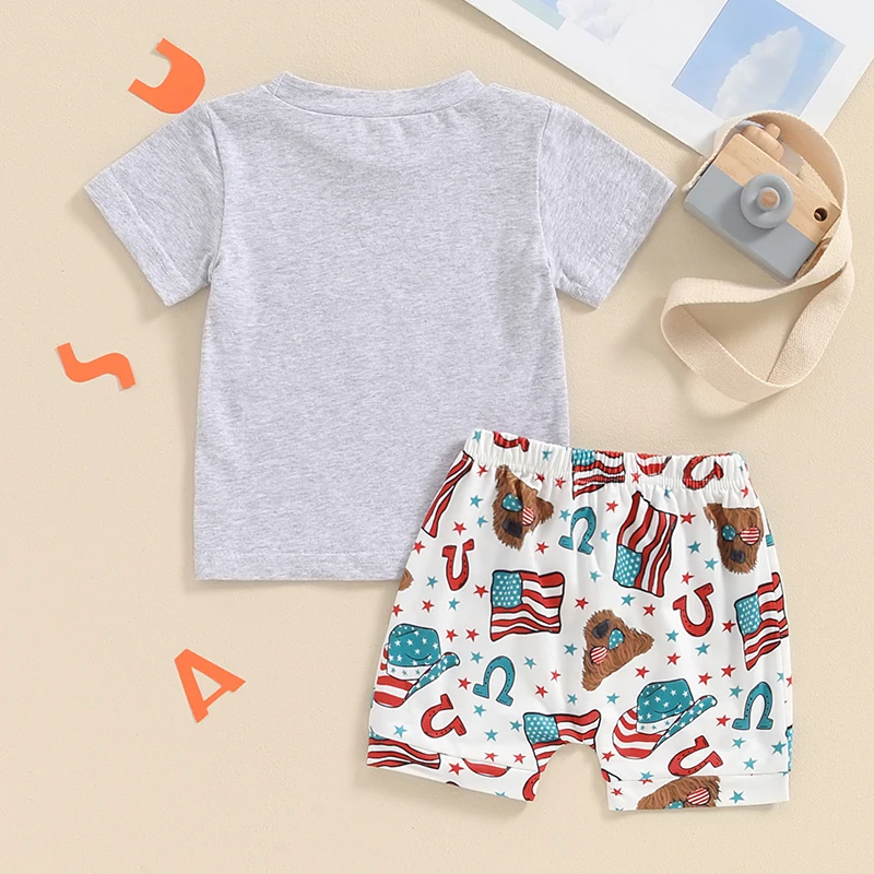 0-3Y Toddler Baby Boy 4th of July Outfits Short Sleeve Tops + Cow Print Shorts Set Western Clothes 3
