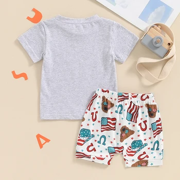 0-3Y Toddler Baby Boy 4th of July Outfits Short Sleeve Tops + Cow Print Shorts Set Western Clothes 3