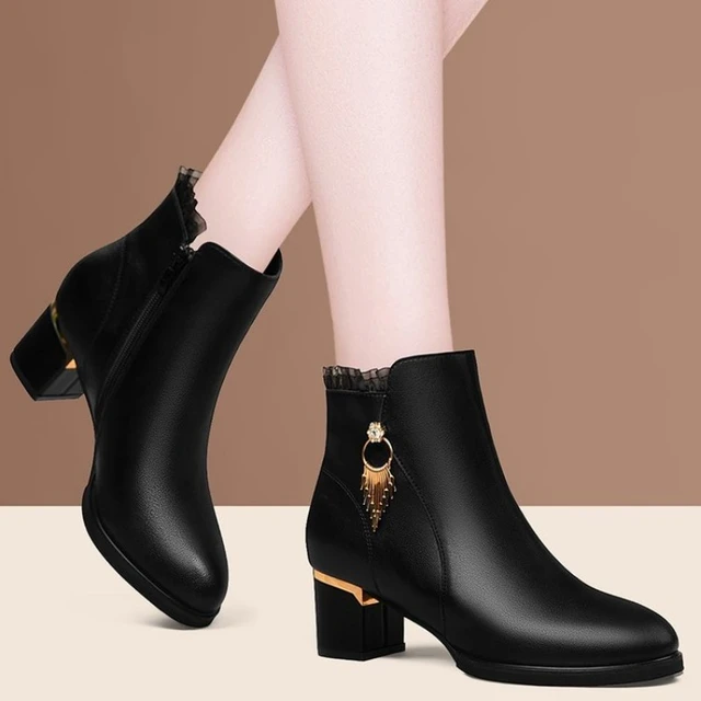 ODS New Women Genuine Leather Short Boots Round Toe Chunky Bottom Ankle  Boots Casual Autumn Winter Black White Big Size 40 - AliExpress