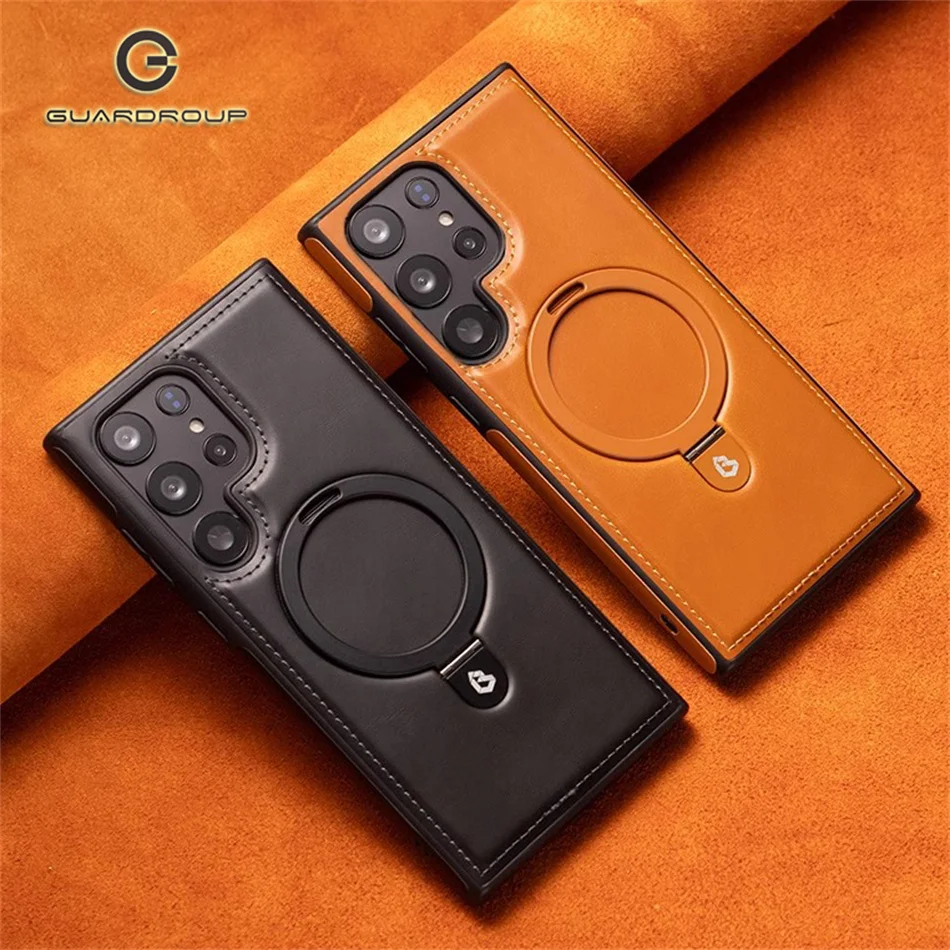 Magnetic Leather Phone Case with Ring Stand and Magsafe Wireless Charging Cover