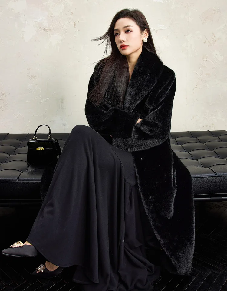 Lautaro Winter Extra Long Elegant Luxury Chic Thick Warm Soft Black Fluffy Faux  Fur Coat Women Shawl Collar Furry Overcoat 2025