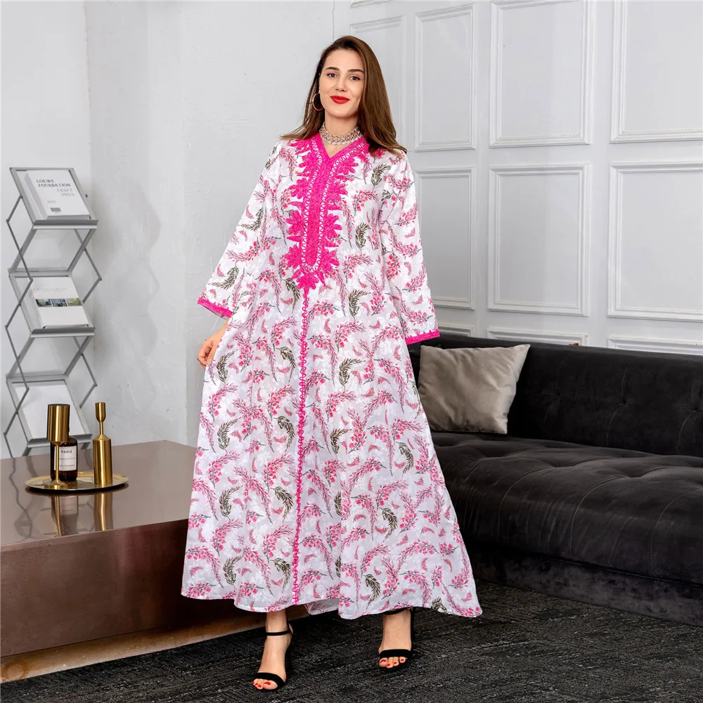 

Middle East Floral Print Abaya Moroccan Kaftan Eid Mubarak Djellaba Muslim Dress Women Islamic Jalabiya African Party Gown Robe