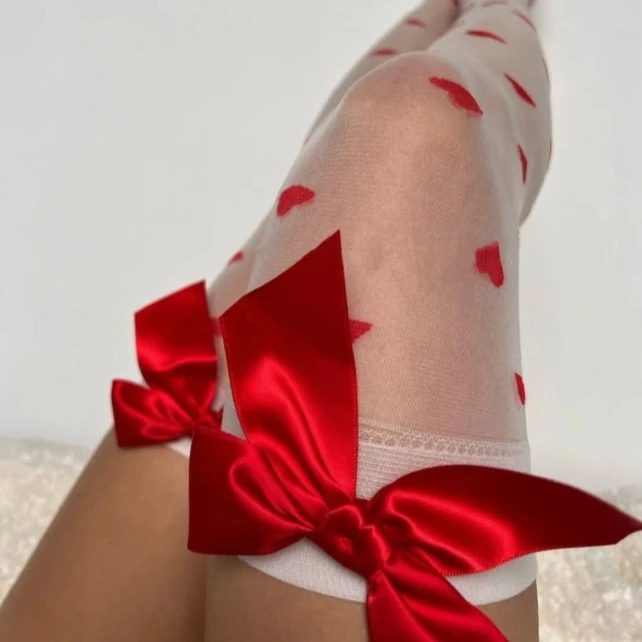 Popular Women Stockings Red Bowknot Sexy Lingerie Bride Wife Women's Thigh High Stockings Summer Transparent Silk Stockings