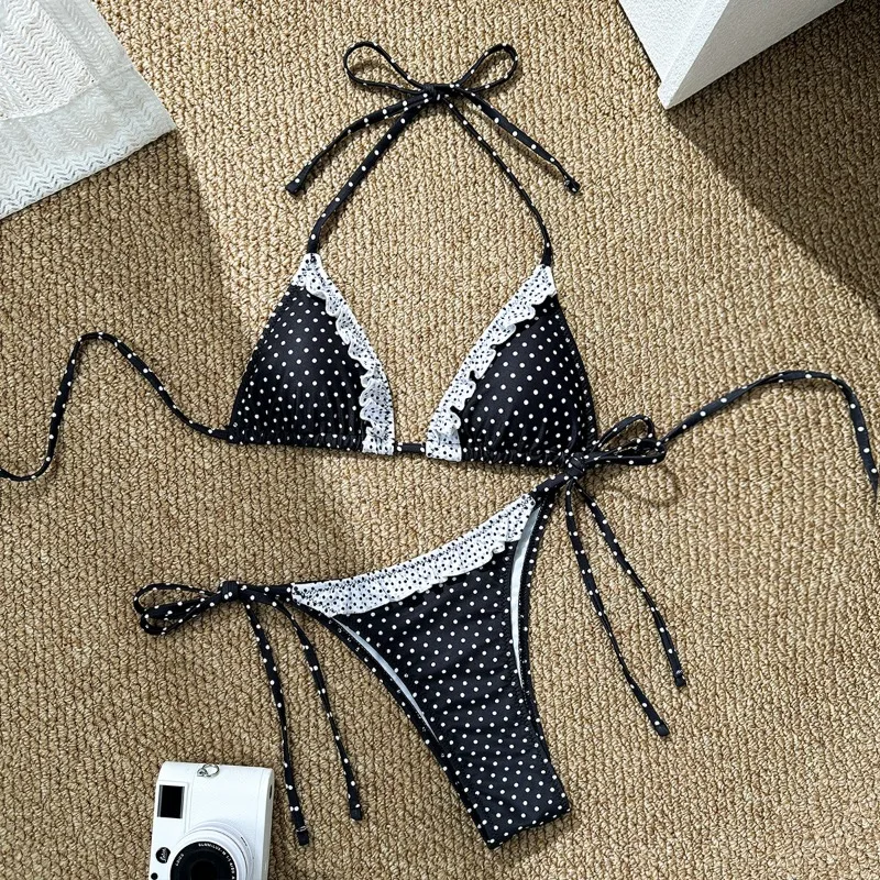 Bikini-Badeanzug für Damen 2026 – Süßer, sexy Zweiteiler mit Polka Dots, Triangel-Oberteil und Bindebändern für kleine Brüste, perfekt für den Frühling und den Urlaub
