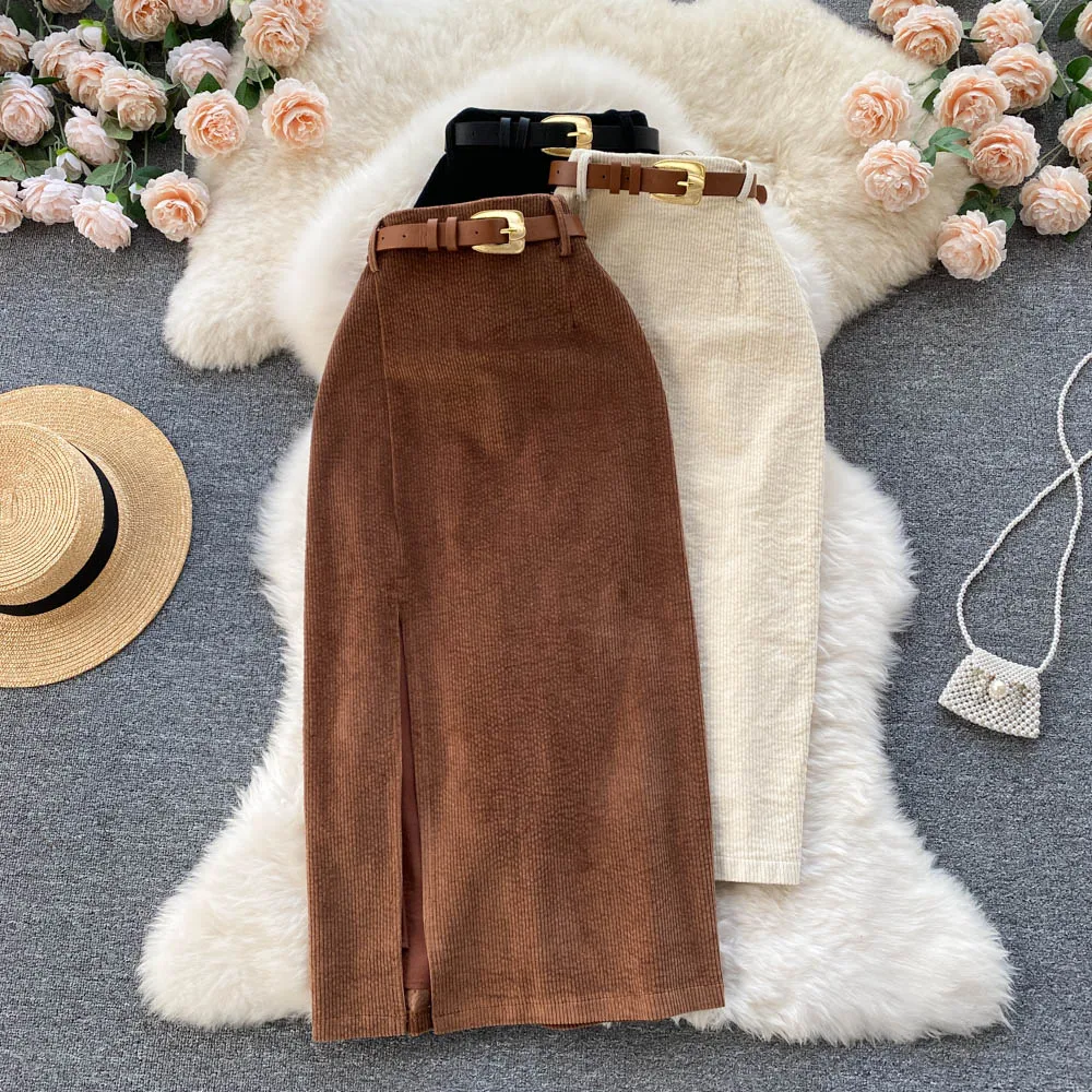 

Vintage Women's Corduroy Split Skirt New Autumn Winter Solid Mid-calf Straight Skirts Female OL Style Retro Long Skirts