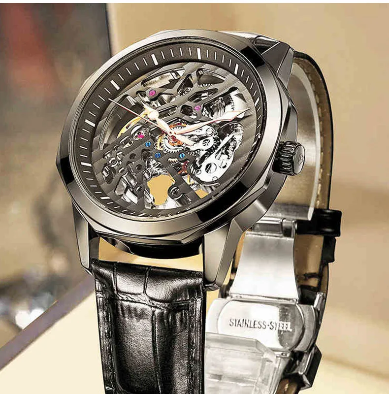 AILANG Luxury Skeleton Automatic Mechanical Mens Sports Men es Leather Strap_voghion.com