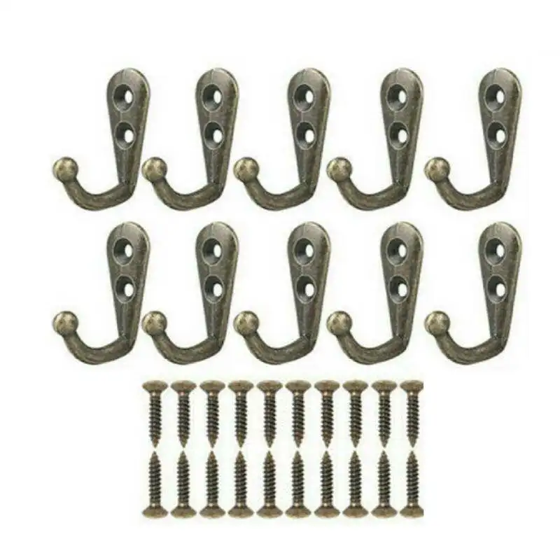 10 Ganci Da Parete Doppi In Ottone Anticato - Con 20 Viti - Robusti E Decorativi Per Appendere Cappotti, Borse, Asciugamani, Chiavi E Sciarpe