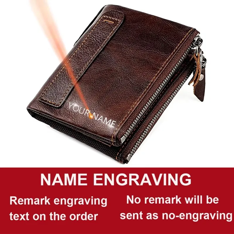 Genuine Leather RFID Card Holder & Coin Purse with Name Engraving - Short Style, Double Zipper, Unisex Design