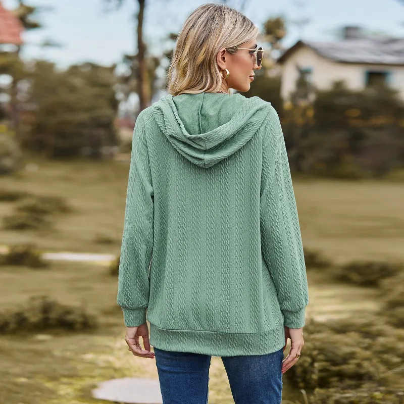 Autumn and Winter New Solid Color Hooded Zipper Loose Long Sleeve Fashion Solid Casual Sweatshirts Pullover Women Clothing Tops